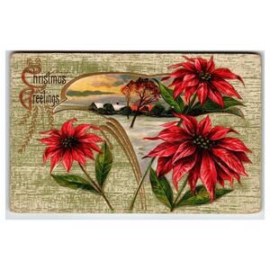 Vintage 1912 Christmas Postcard with Poinsettias & Snowy Village Scene